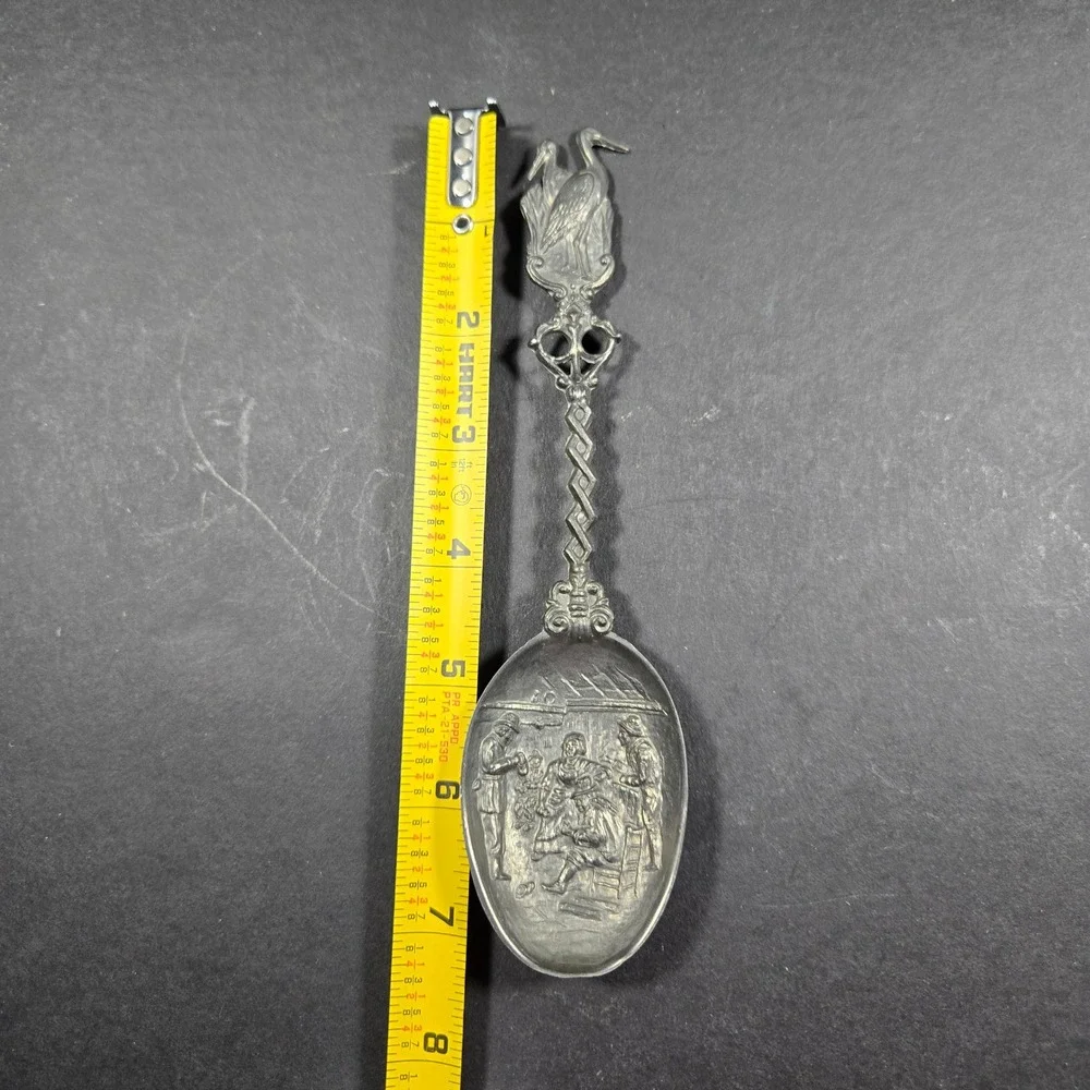 Caddy Spoon Silver Tavern Scene Stork Finial Vintage Style
